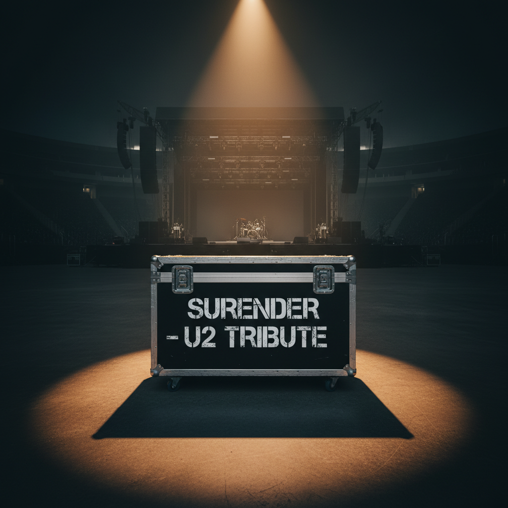 A high-contrast, photographic realism image of a large black road case labeled "Surrender – U2 Tribute" in bold white stenciled letters, positioned alone in the center of an otherwise empty venue floor. The case’s aluminum edges are slightly scuffed, with sturdy latches catching the light. In the distance, the dim outline of a concert stage with silhouetted speakers and lighting truss is barely visible through subtle haze. A single warm spotlight from overhead illuminates the case, creating a dramatic pool of light and a long shadow stretching toward the viewer. Shot from a low angle with centered composition, the mood is serious, professional, and evocative of touring life and production readiness.