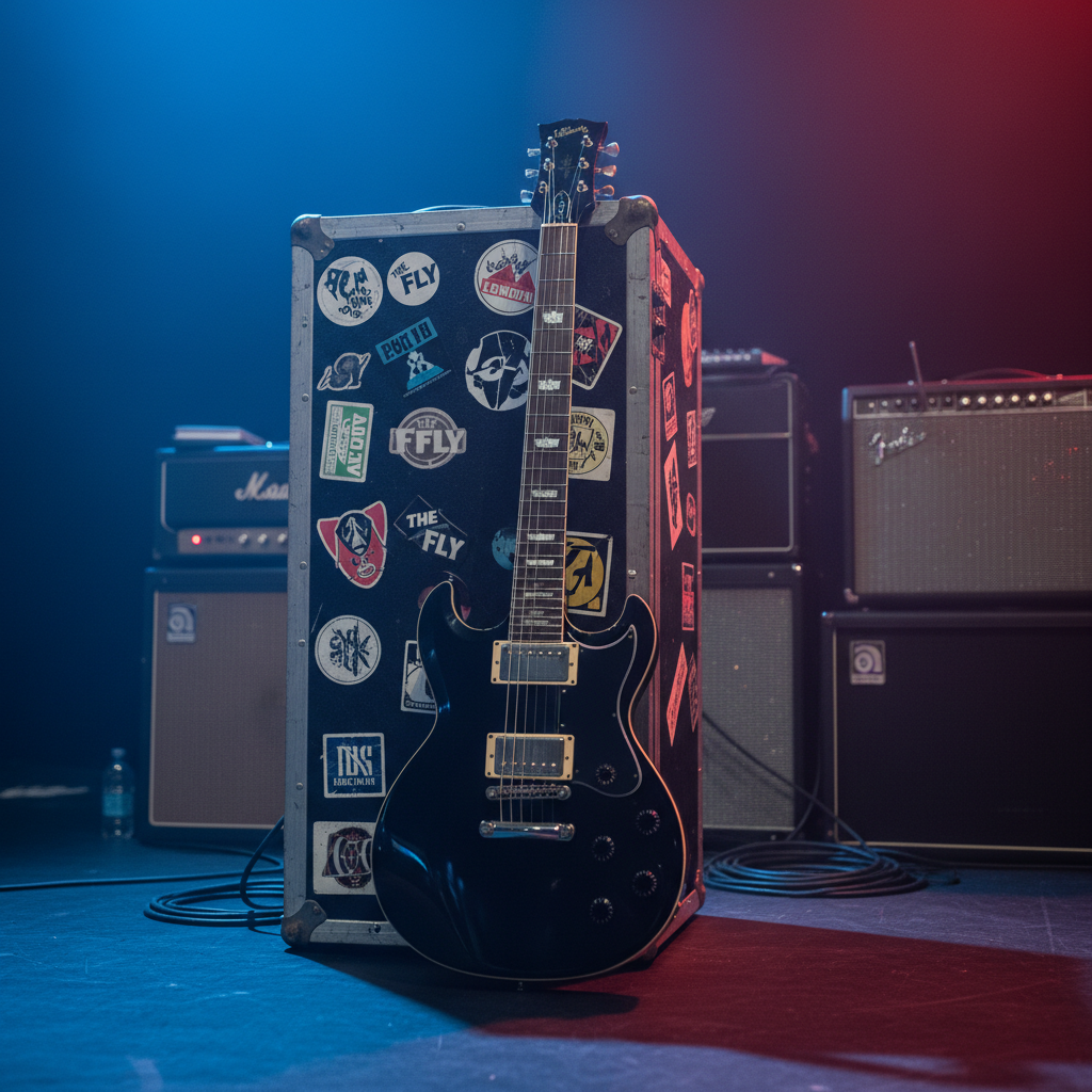 A glossy black electric guitar modeled after a classic U2-style instrument rests upright on a matte black stage floor, leaning gently against a tall, closed road case covered in worn destination stickers. Behind it, an array of amplifiers and neatly coiled cables fades into a soft blur, suggesting a full tribute band setup without showing performers. Cool blue and subtle red stage lights cross from opposite sides, casting dramatic, elongated shadows and gleaming highlights along the guitar’s chrome hardware. Photographic realism, shot at eye level with a shallow depth of field, creating a professional, anticipatory mood that feels like the moment just before a U2 tribute concert begins.