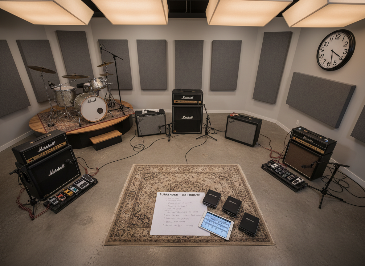A striking overhead photographic shot of a neatly organized rehearsal studio prepared for a U2 tribute band, intentionally devoid of any musicians. A drum kit anchors one corner on a slightly raised platform, while two guitar rigs and a bass rig form a semi-circle facing inward, each with amplifiers, pedalboards, and coiled cables. On a central rug, a printed setlist titled "Surrender – U2 Tribute" lies beside in-ear monitor cases and a tablet displaying a song arrangement. Warm, diffused ceiling lights illuminate the room, creating gentle shadows and a focused yet inviting atmosphere. Acoustic treatment panels on the walls and a large analog clock enhance the sense of a serious, professional practice space.