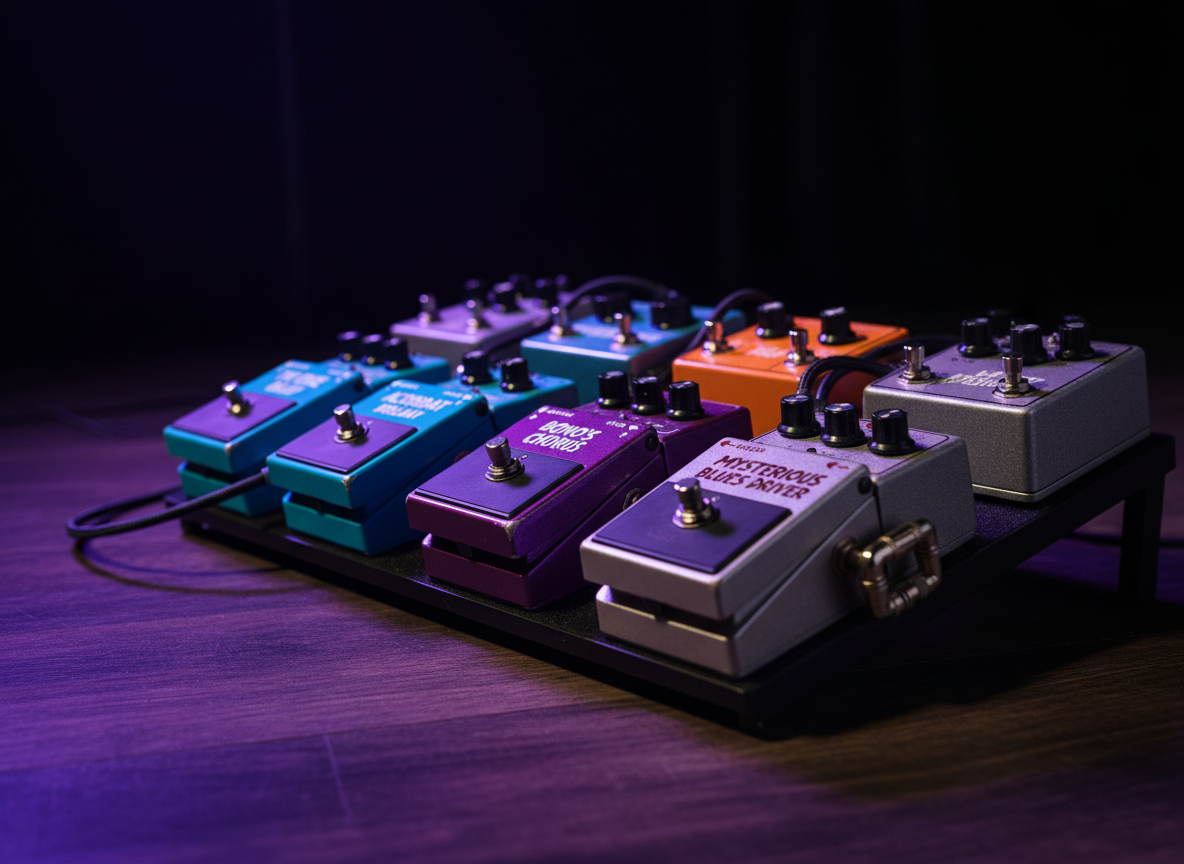 A close-up, photographic image of a meticulously arranged guitar pedalboard on a dark stage floor, featuring multiple brightly colored stompboxes, sleek black cables, and labeled switches reminiscent of the iconic U2 guitar sound. The pedal surfaces show slight wear on their metallic edges, adding authenticity. Soft, low-angle stage lighting in violet and deep blue grazes across the pedals, creating tiny reflections on knobs and footswitches while the background recedes into velvety darkness. Shot from a very low, side-on angle with shallow depth of field, the composition emphasizes texture and detail, conveying a professional, technical mood that celebrates the sonic craftsmanship behind a dedicated U2 tribute performance.