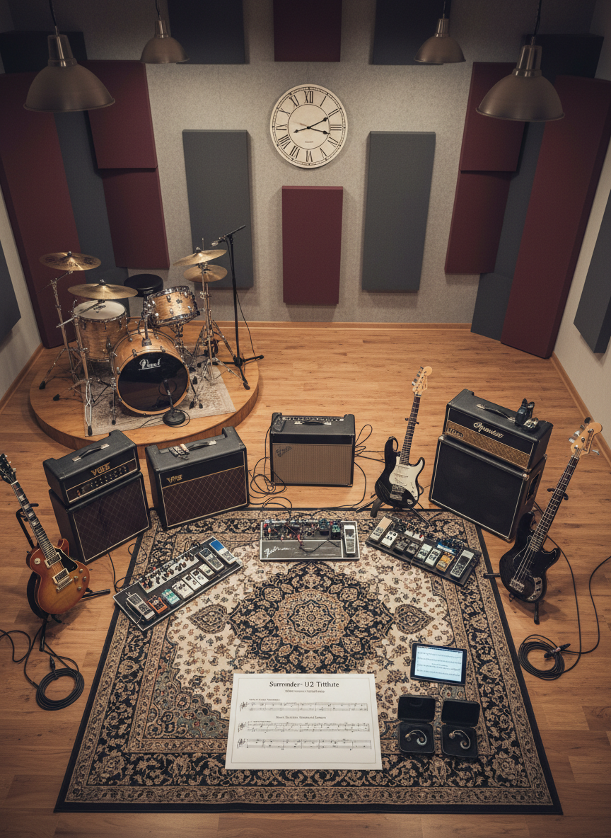 A striking overhead photographic shot of a neatly organized rehearsal studio prepared for a U2 tribute band, intentionally devoid of any musicians. A drum kit anchors one corner on a slightly raised platform, while two guitar rigs and a bass rig form a semi-circle facing inward, each with amplifiers, pedalboards, and coiled cables. On a central rug, a printed setlist titled "Surrender – U2 Tribute" lies beside in-ear monitor cases and a tablet displaying a song arrangement. Warm, diffused ceiling lights illuminate the room, creating gentle shadows and a focused yet inviting atmosphere. Acoustic treatment panels on the walls and a large analog clock enhance the sense of a serious, professional practice space.
