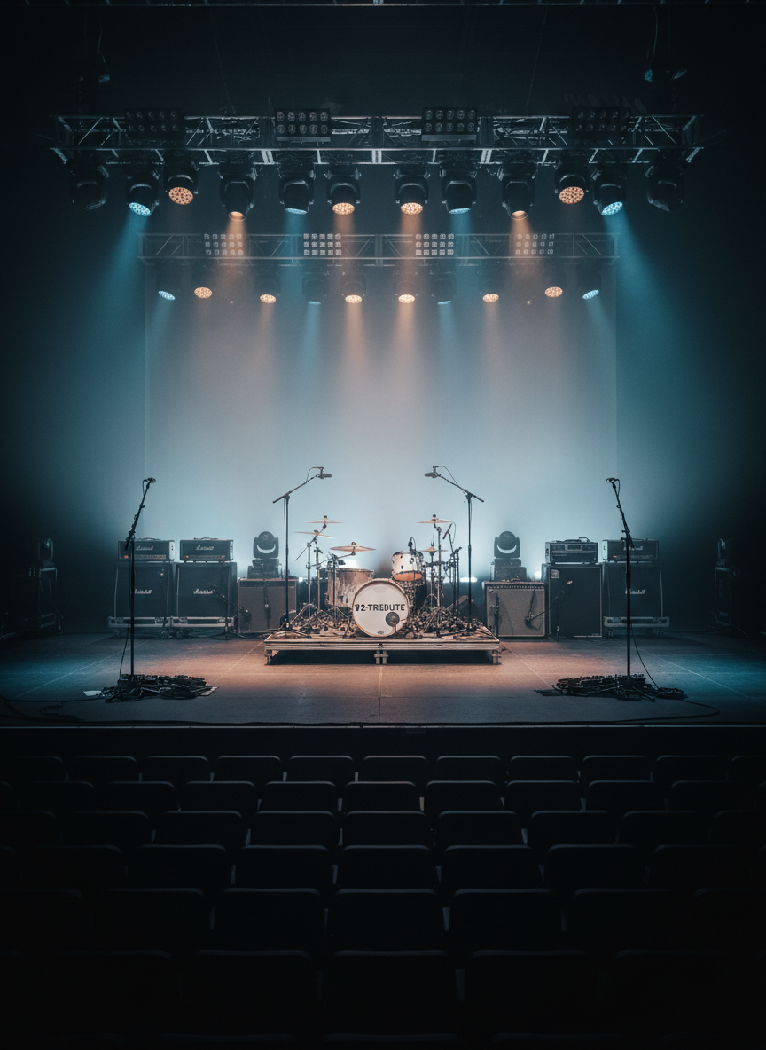 A wide, empty concert stage set up for a U2 tribute show, captured in photographic realism from the audience’s perspective. A distinctive, minimalist drum kit with white shells and a subtle band logo on the bass drum head sits center, flanked by multiple mic stands, pedalboards, and neatly positioned amplifiers. Overhead trusses hold an array of LED lights and spot fixtures aimed toward the stage, casting a soft pre-show glow of cool blues and warm ambers across the instruments. Haze lingers lightly in the air, catching the beams of light. The arena seats are only hinted at in deep shadow, creating a professional, cinematic atmosphere of expectation and scale.