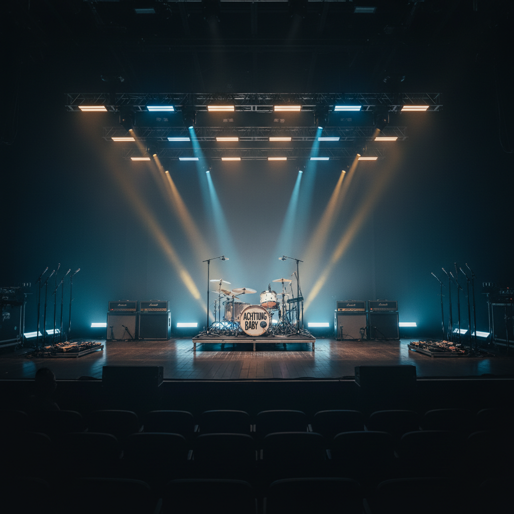 A wide, empty concert stage set up for a U2 tribute show, captured in photographic realism from the audience’s perspective. A distinctive, minimalist drum kit with white shells and a subtle band logo on the bass drum head sits center, flanked by multiple mic stands, pedalboards, and neatly positioned amplifiers. Overhead trusses hold an array of LED lights and spot fixtures aimed toward the stage, casting a soft pre-show glow of cool blues and warm ambers across the instruments. Haze lingers lightly in the air, catching the beams of light. The arena seats are only hinted at in deep shadow, creating a professional, cinematic atmosphere of expectation and scale.