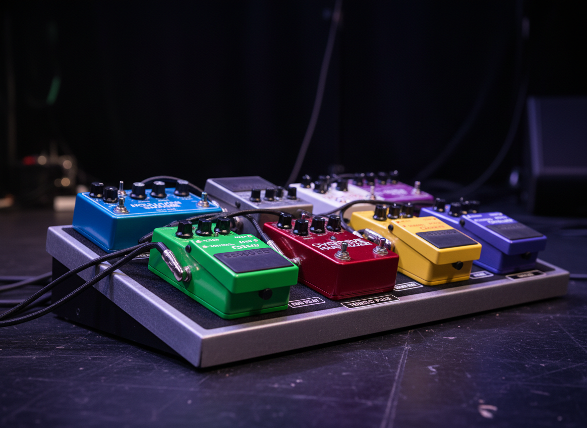 A close-up, photographic image of a meticulously arranged guitar pedalboard on a dark stage floor, featuring multiple brightly colored stompboxes, sleek black cables, and labeled switches reminiscent of the iconic U2 guitar sound. The pedal surfaces show slight wear on their metallic edges, adding authenticity. Soft, low-angle stage lighting in violet and deep blue grazes across the pedals, creating tiny reflections on knobs and footswitches while the background recedes into velvety darkness. Shot from a very low, side-on angle with shallow depth of field, the composition emphasizes texture and detail, conveying a professional, technical mood that celebrates the sonic craftsmanship behind a dedicated U2 tribute performance.